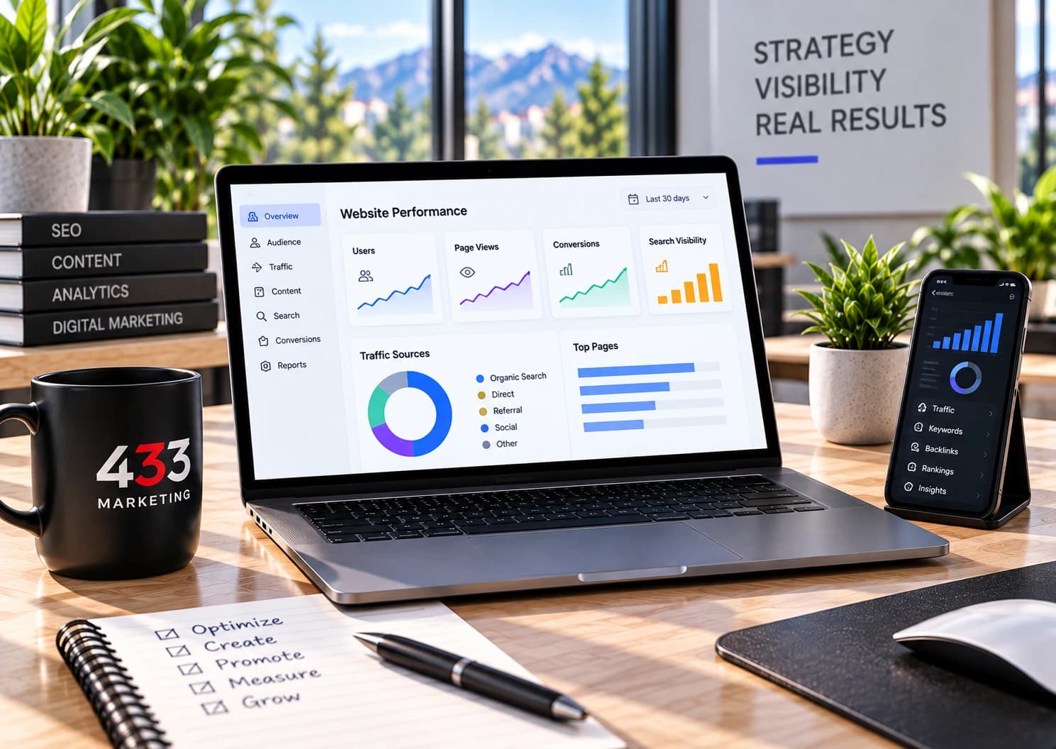 Bright workspace with a planning notebook and website analytics on a laptop