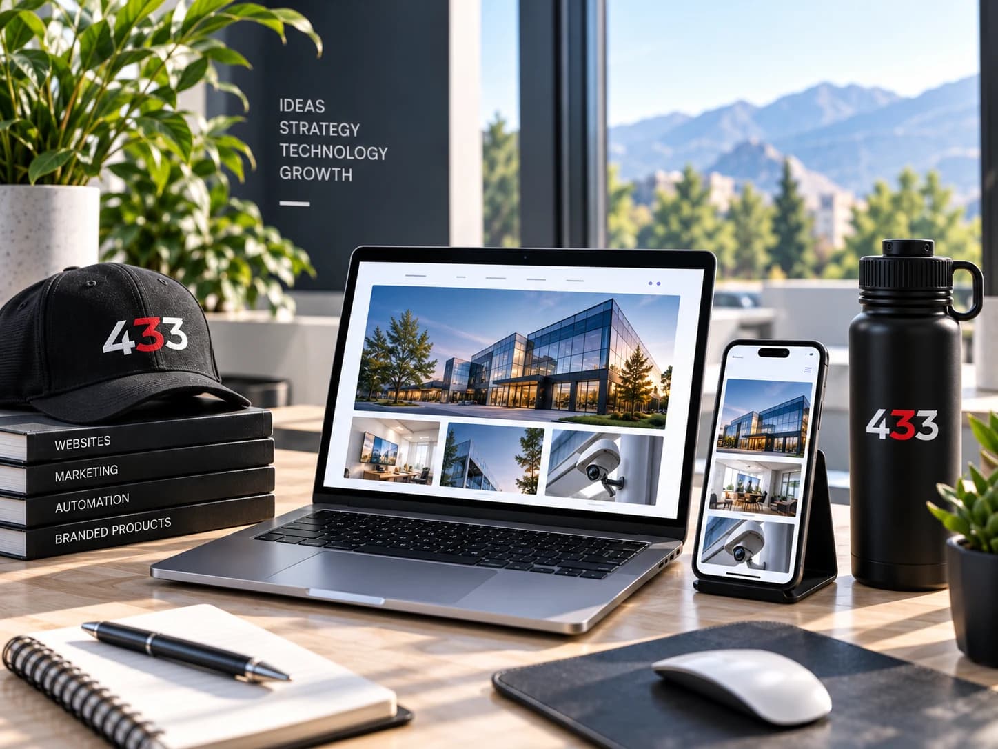 433 Marketing workspace with a laptop, phone, branded cap and bottle