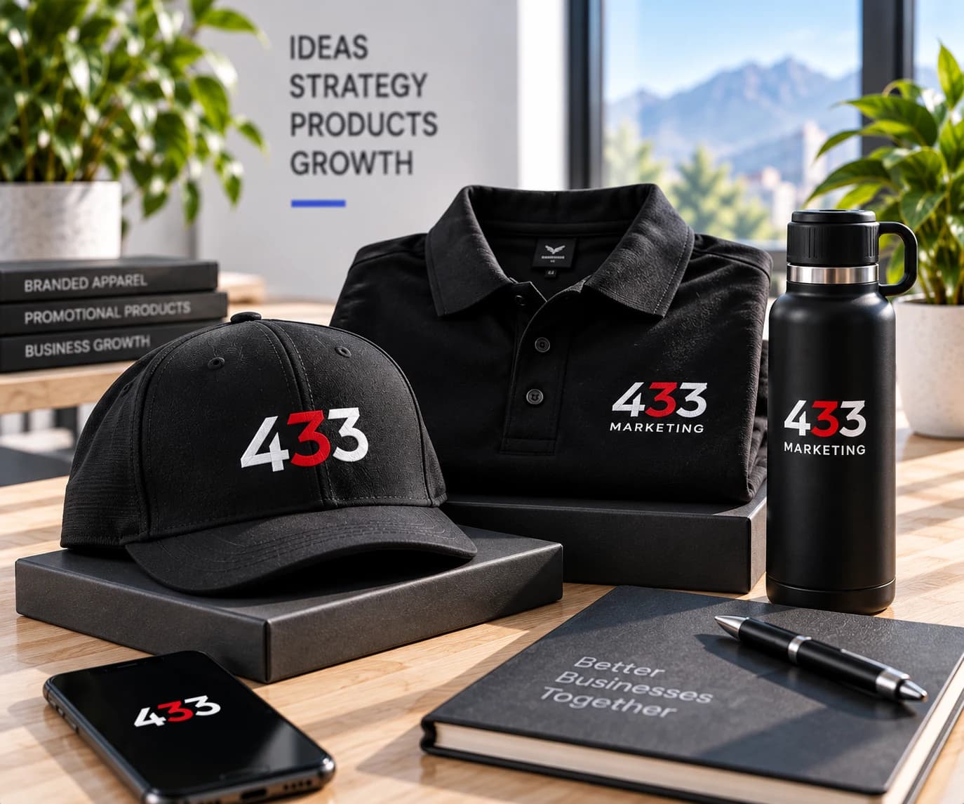 433-branded cap and bottle beside a laptop and phone