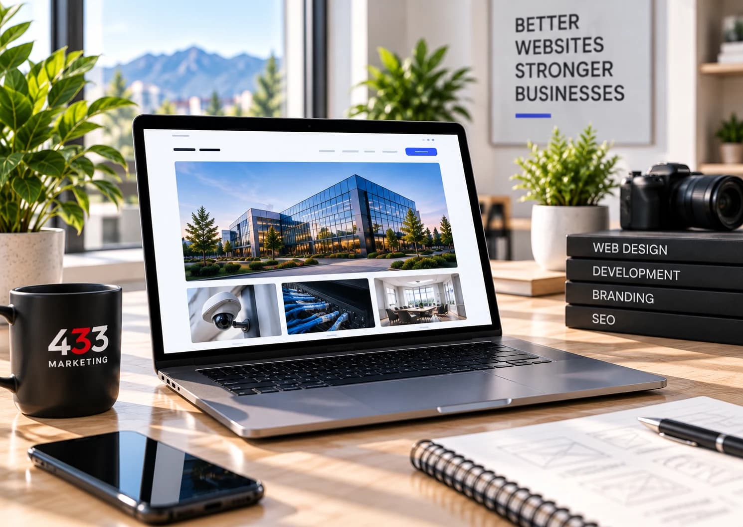 Business website displayed on a laptop in a bright workspace