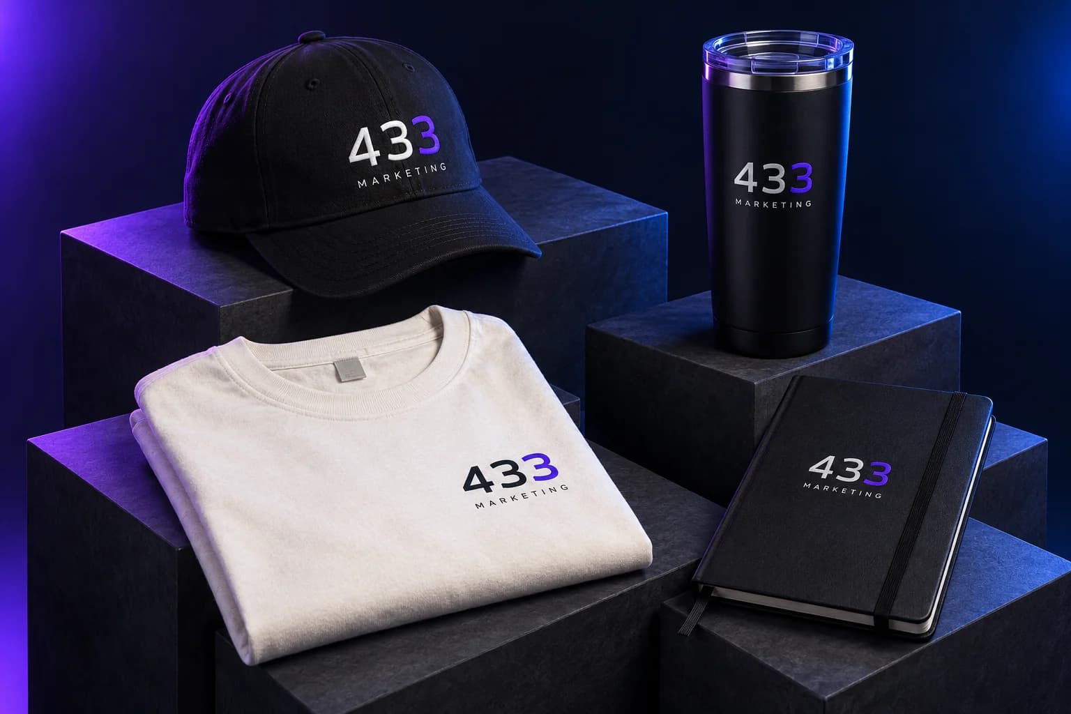 Concept mockup of a 433-branded cap, shirt, tumbler, and notebook under blue and violet studio lighting